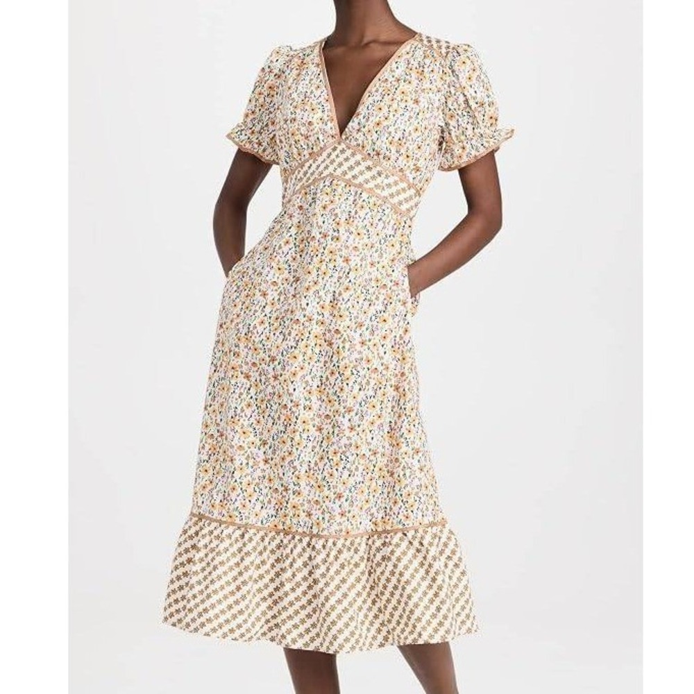Lost + Wander Floral Smocked Empire Waist Spring Sunrise Midi Dress XS V-Neck